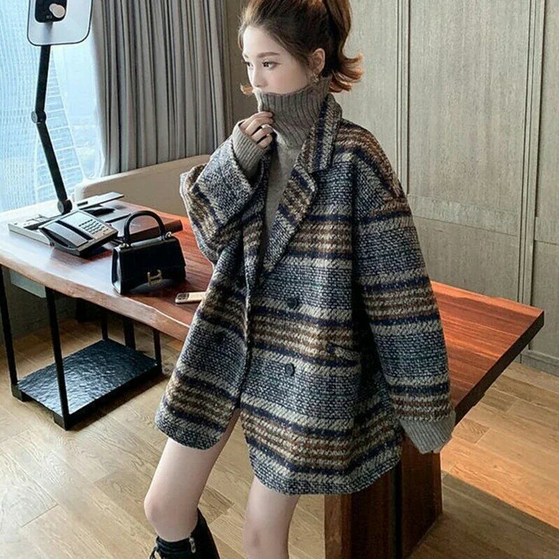 Jaket wol kotak-kotak wanita, mantel tebal kerah Turn Down Vintage wanita, pakaian luar Double Breasted hangat Mode Korea musim gugur musim dingin
