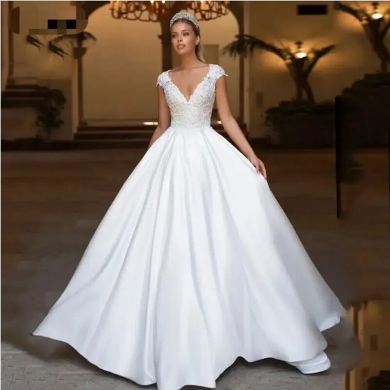 Laço longo frisado princesa vestidos de casamento, V Neck vestido de baile, Sparkly Dubai Vestidos De Noiva, Sexy, Novo