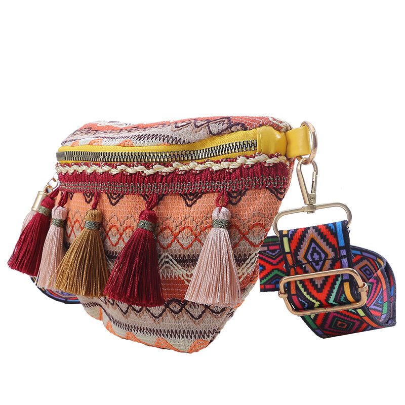 Women Ethnic  Style Waist Bags With Adjustable Strap Variegated Color Fanny Pack with Fringe Decor Crossbody Chest Bags