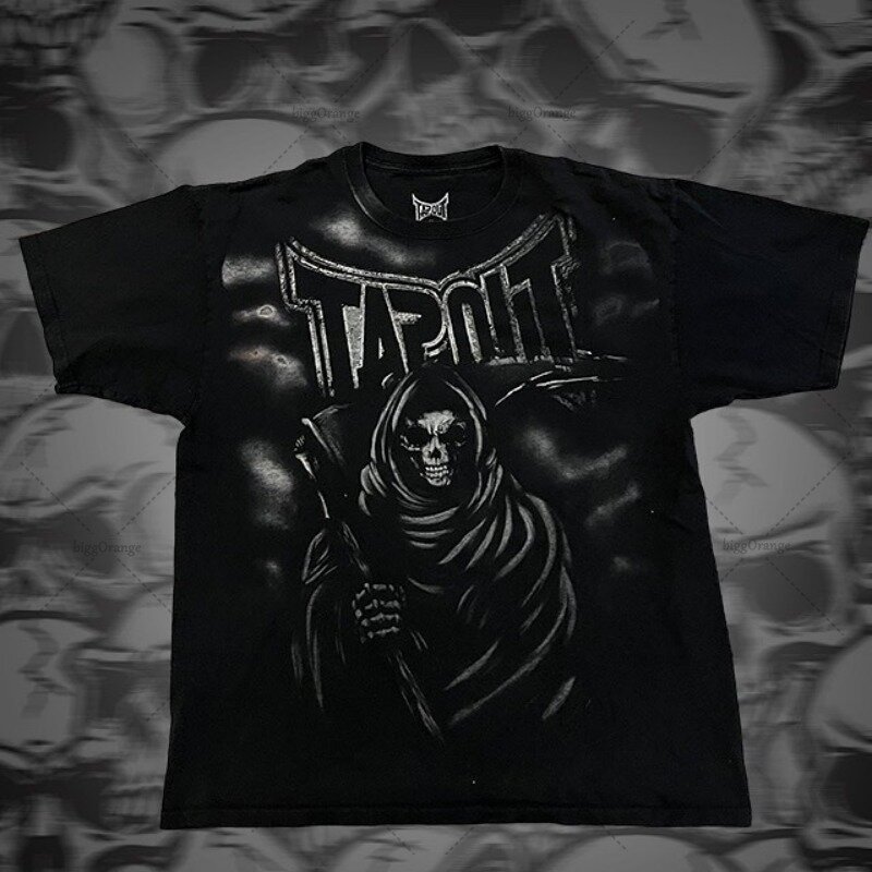 T-shirt oversize retrò americana Dark Skull High Street a maniche corte Punk gotico abbigliamento Vintage uomo Casual allentato Street top