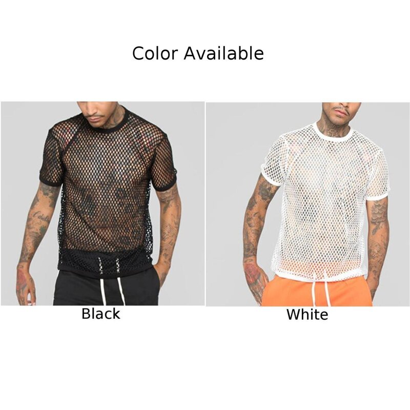 Tripulação masculina pescoço camiseta, tops de malha oca, transparente, Fish Net, boate, confortável, de alta qualidade, outono