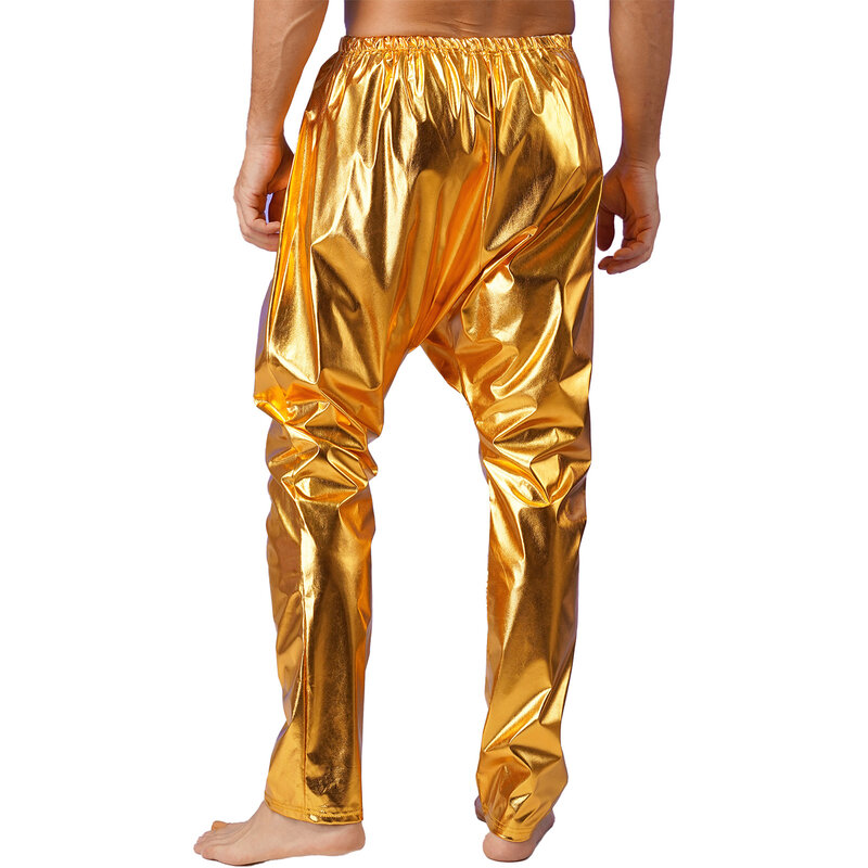 Pantalones de baile metalizados brillantes para hombre, elegante cintura elástica, Color sólido, pantalones bombachos ligeros para actuaciones en escenario