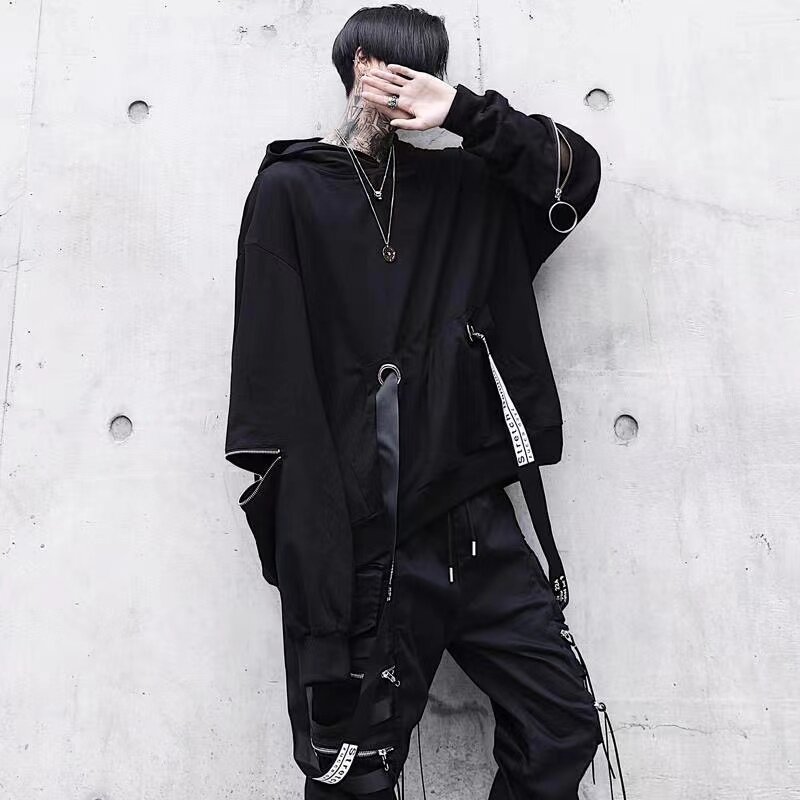 Conjunto de Sudadera con capucha y pantalones para hombre, ropa de calle holgada de gran tamaño, con cremallera, color negro, estilo Punk