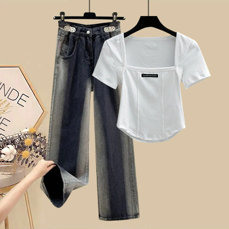 Set primavera/estate da donna di grandi dimensioni 2024 nuova versione coreana Slimming Square Neck Top e Jeans in due pezzi Trendy