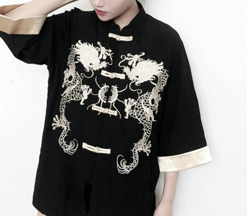 Zwarte Retro Dames Chinese Shirt Borduurwerk Casual Kleding Bedrukking