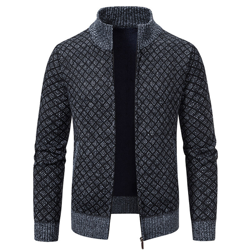 Cardigan masculino de malha de lã, malha quente de inverno, suéter slim fit, gola alta, casaco monocromático, moda casual