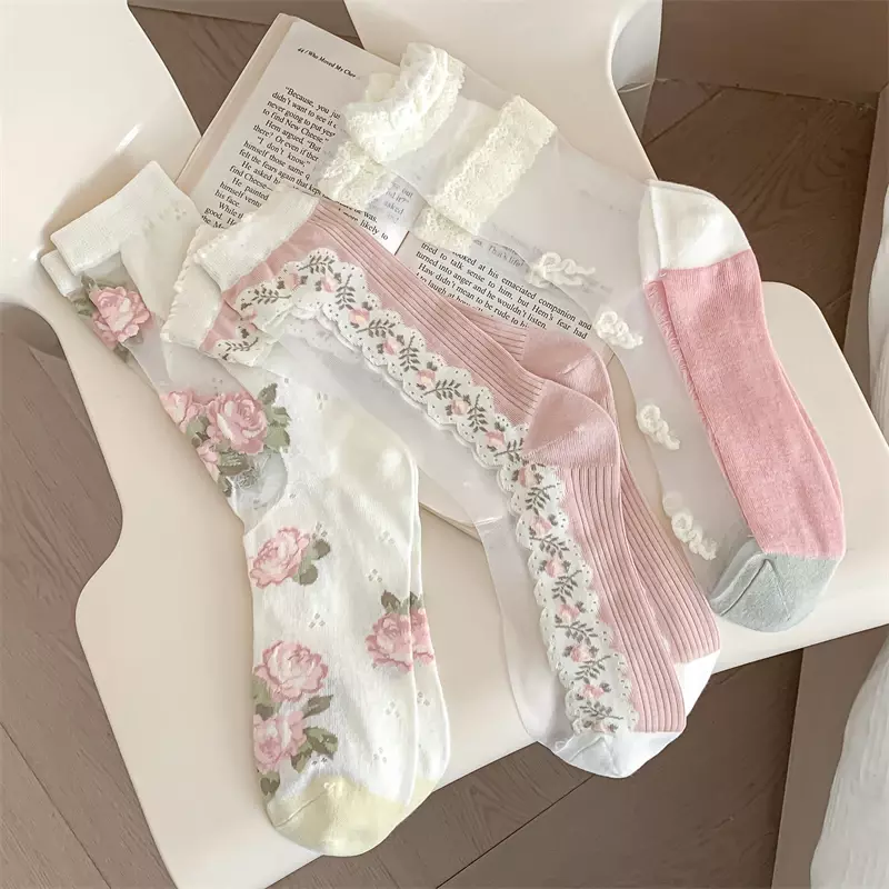 3 Pairs Women's Socks Cute New Korean Style Floral Mixed-color Transparent Socks Set Breathable Sweet Fresh Casual Thin Socks