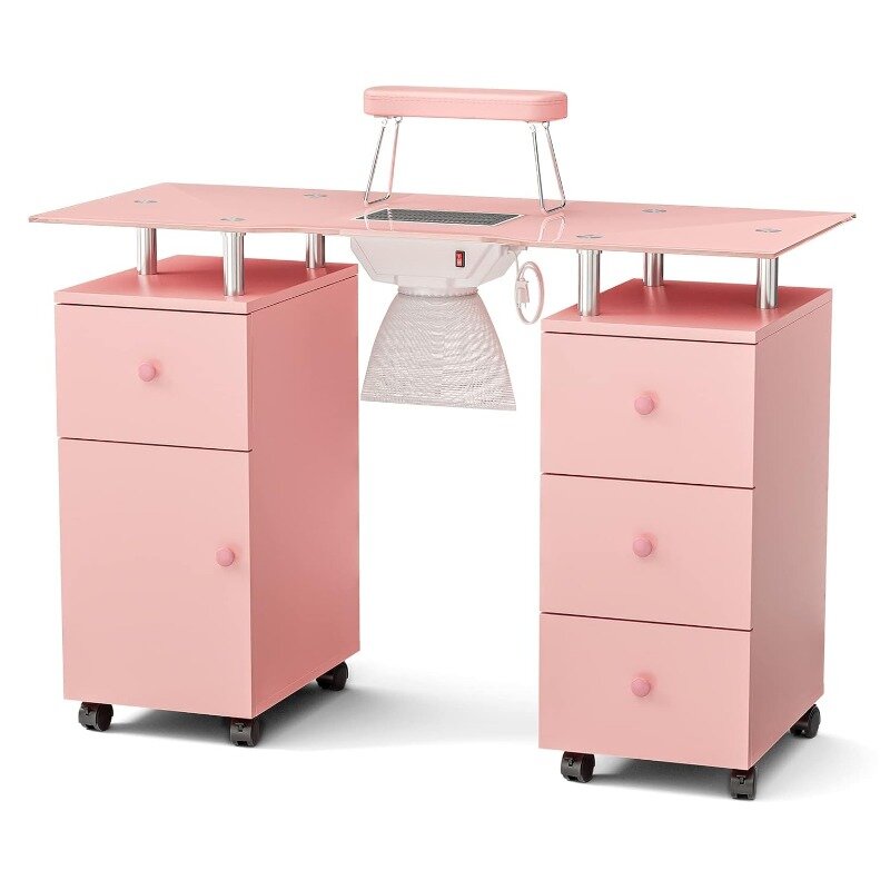 Manicure Table with Glass Top, Foldable Arm Rest, Lockable Wheels, Storage Drawers for Nail Tech