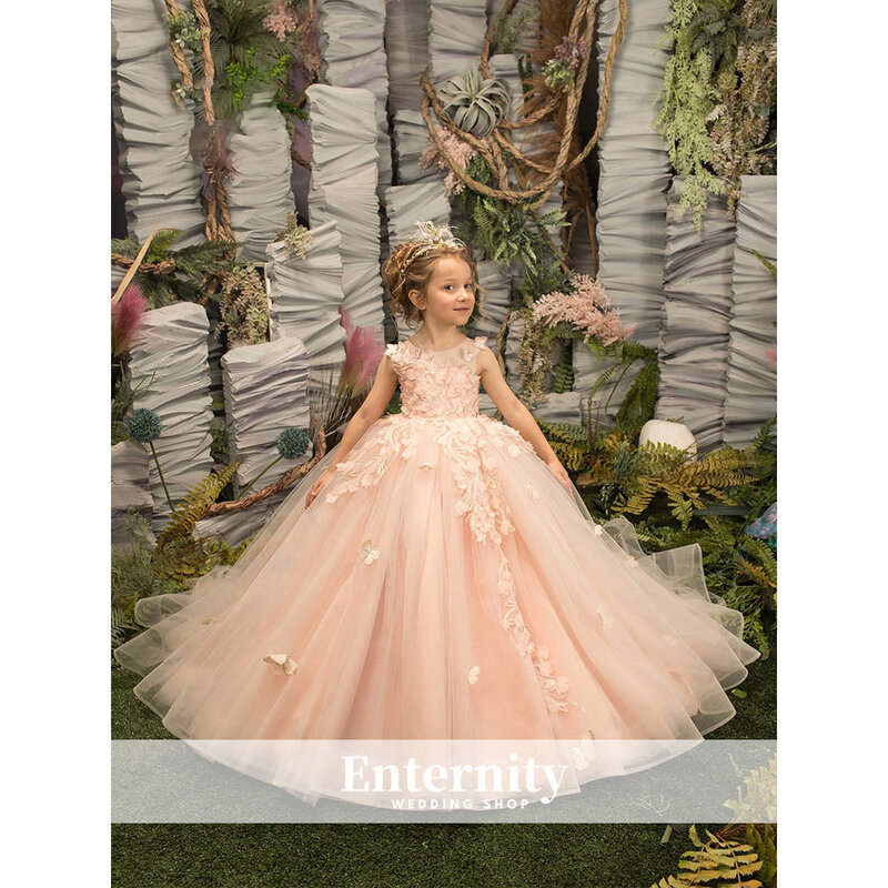 Princesse Enfant Illusion Back a-line Appliques di pizzo bottone Scoop Neck Flower Girl Dress abiti da terra Para nias