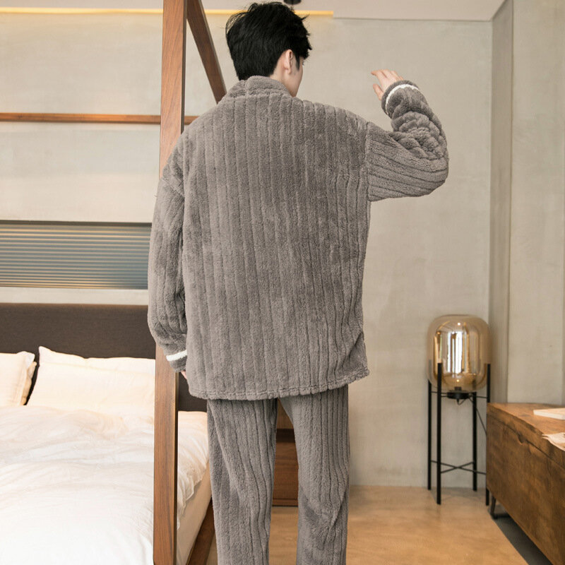Мужская теплая зимняя Пижама, комплект из 2 предметов, толстая флисовая Пижама кораллового цвета с V-образным вырезом и длинные штаны, Мужская домашняя одежда, 2024