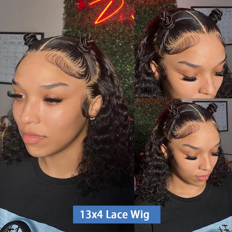 Onda Profunda Curly Lace Frontal Perucas de Cabelo Humano para Mulheres, Curto Bob Peruca, Transparente Lace Front Wig, Fecho 4x4, 180%, 13x4