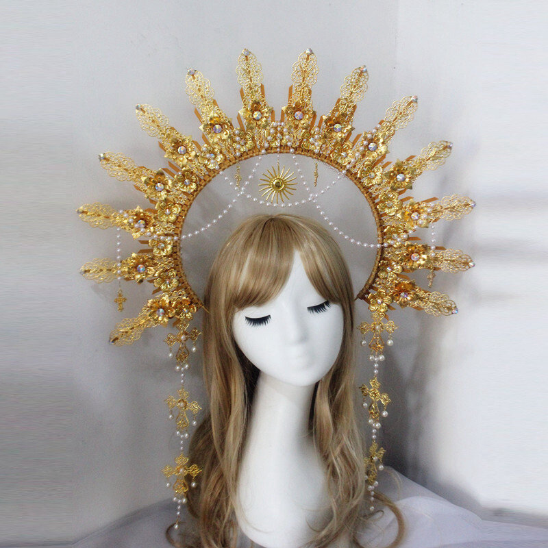 Handmade Gothic Lolita KC Halo chluba Retro słońce bogini dziewica opaska z koroną akcesoria do włosów
