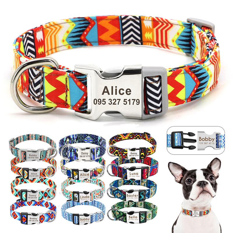 Coleira de Nylon ajustável com fivela com nome gravado, coleiras Cat ID personalizadas, anti-perdidas para cães de pequeno e médio porte