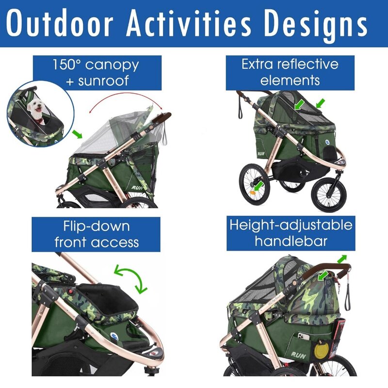 Pet Rover Run Performance Jogging Sports Stroller with Comfort Rubber Wheels/Zipper-Less Entry/1-Hand Quick Fold
