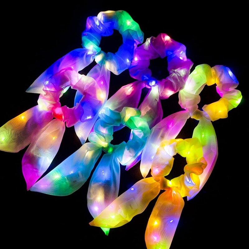 6pcs Light Up LED Luminous Hair Bands Fashion Mix Color Elastic Hair Ties Glow In The Dark Rubber Band Girls