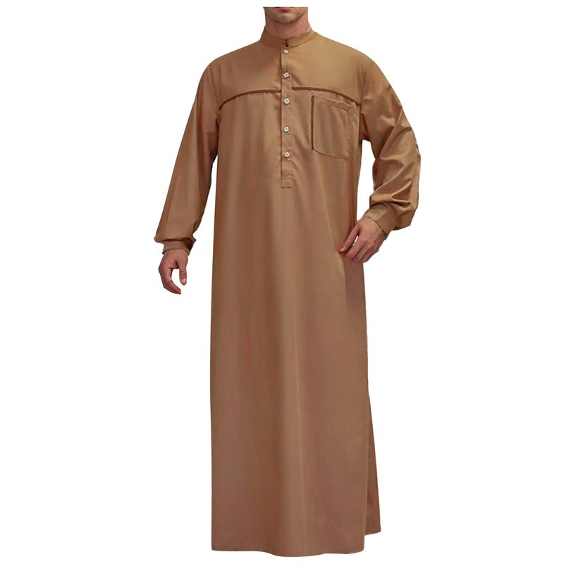 Jubah Muslim pria Jubba Thobe lengan panjang saku warna Solid jubah berongga kerah berdiri Kaftan Arab Islami jubah Fashion pria Islam