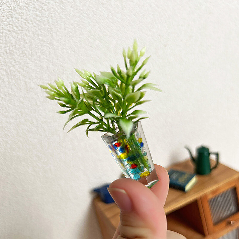 Florero de vidrio en miniatura para casa de muñecas, modelo 1:12, accesorios de decoración, juguete, adornos de plantas verdes, regalos, manualidades
