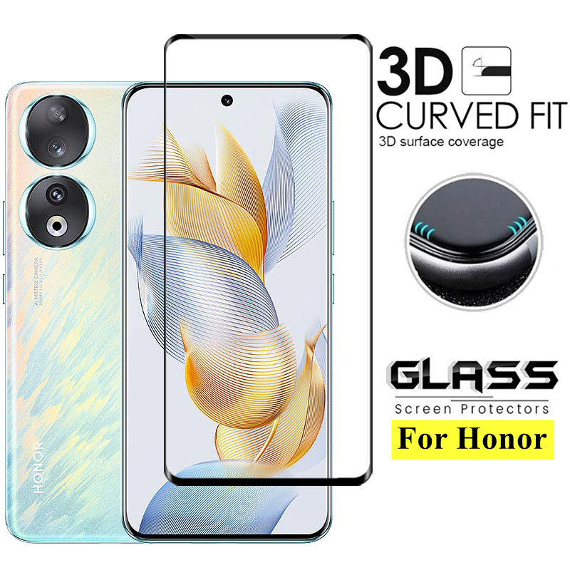 Protetor de vidro temperado para honra 90, cobertura total, película protetora 3d