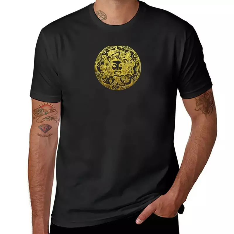 Medusa-T-Shirt Dourada Masculina, Simples, Camisetas Engraçadas