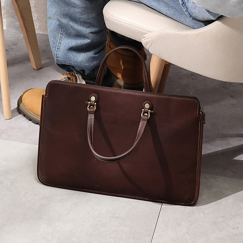 Handheld briefcase, genuine leather business laptop bag, crazy horse leather vintage style casual men's computer storage bag