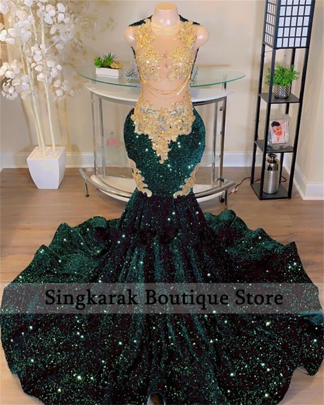 Gaun Prom putri duyung hijau tua gemerlapan 2024 untuk Gadis hitam emas renda applique manik-manik rumbai beludru payet gaun pesta