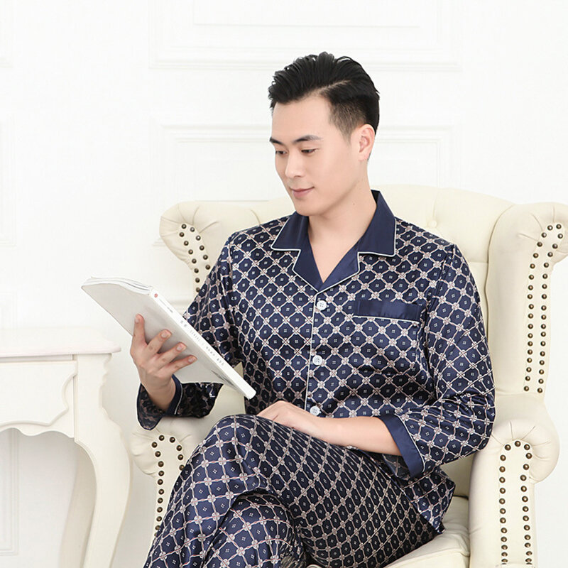 Conjunto de pijamas de seda para hombre, ropa de dormir de manga larga, de talla grande, para el hogar, primavera y otoño, 2023