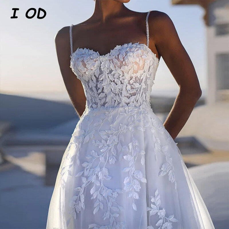 I OD Sweetheart Tulle Wedding Dress Spaghetti Straps Sleeveless Lace Applique Backless Bridal Gown Sexy Split Robe De Mariee New
