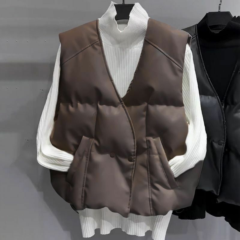 Jaqueta elegante de couro PU para mulheres, camisola com gola V, jaqueta quente, roupa de rua elegante, outono e inverno