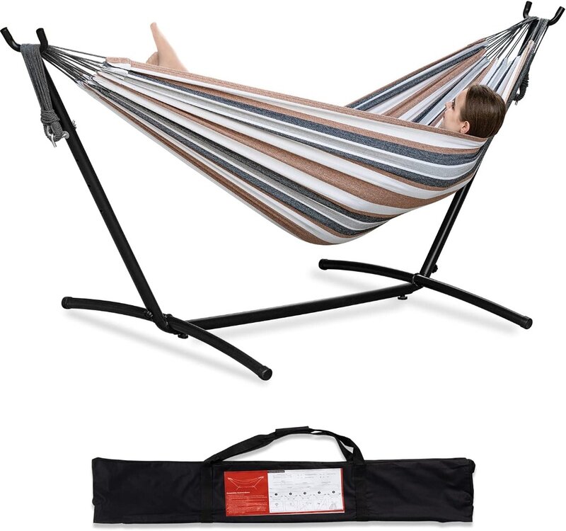 PNAEUT Double Hammock with Space Saving Steel Stand Included 2 Person Heavy Duty Outside Garden Yard Outdoor 450lb