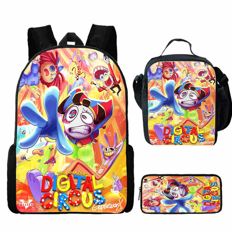 Zestaw 3 szt. Niesamowita torba szkolna z cyrkiem cyfrowym dla chłopców dziewcząt z torbami na Lunch plecak dla dzieci tornister Anime najlepszy prezent