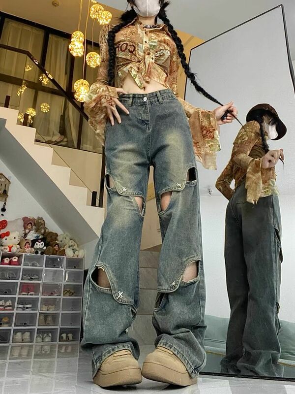 Jeansy główna ulica patchworkowe luźne wydrążone Y2k modne Vintage metalowe guziki proste spodnie denimowe szerokie nogawki
