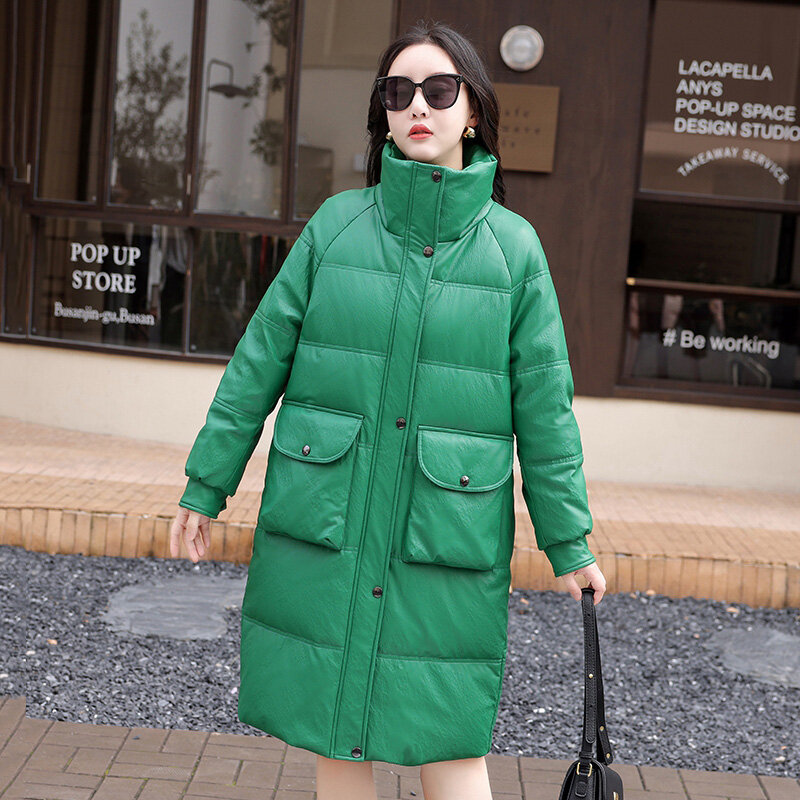 Nuevo Abrigo de pluma de piel de oveja verde para mujer Invierno Moda Cálido Stand Cuello Casual Loose Cuero Largo Abajo Ropa de abrigo Split Cuero