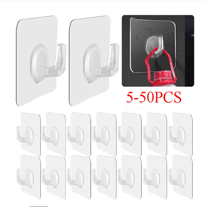 5-50PCS Wall Hooks Transparent Strong Self Adhesive Key Towel Door Wall Hanger Hanging Kitchen Bathroom Accessories Hooks