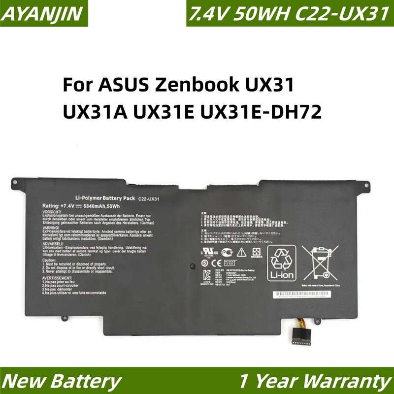 Batería para ordenador portátil ASUS Zenbook, 7,4 V, 50Wh/6840mAh, para ASUS Zenbook UX31, UX31A, UX31E, C22-UX31, UX31E-DH72, C22-UX31