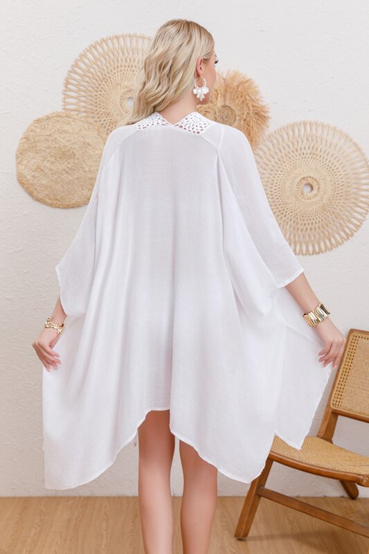 Biquíni de malha de renda de algodão feminino, protetor solar monocromático, vestido de praia, tamanho único, novo, verão