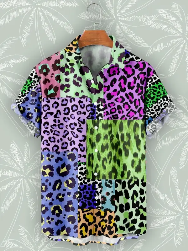 Camisa de manga curta estampada leopardo havaiana masculina, estilo de rua, casual, moda verão