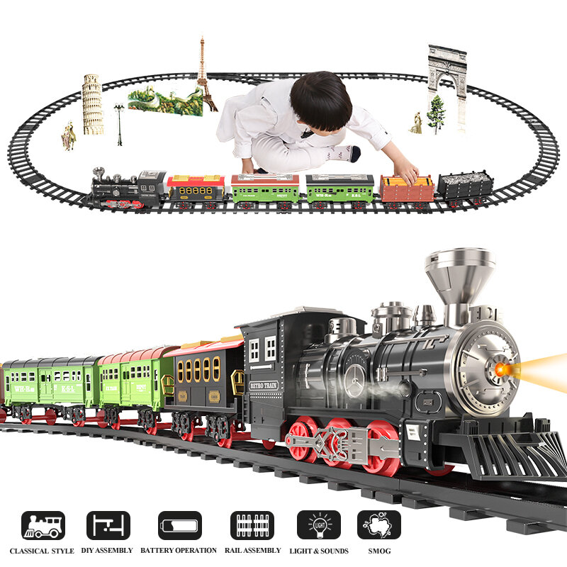 Tren de juguete eléctrico de Navidad para niños, vías de ferrocarril, motor de locomotora de vapor, modelo fundido a presión, juego educativo