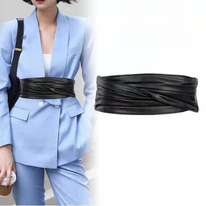 Women's Leather Elastic Waist Belt Fashion Dress Decorative Belt Suits Wide Belt All Match Solid Color Girdle
