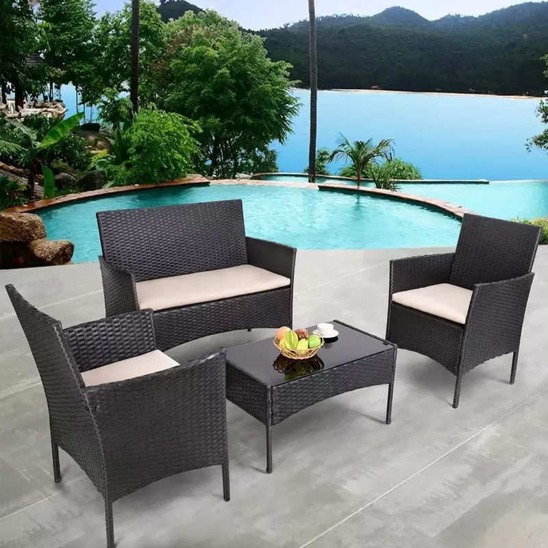 Wicker Pátio Rattan Cadeira Set, mobiliário de jardim, uso exterior e interior, varanda do quintal, piscina Varanda Móveis, 4 PCs
