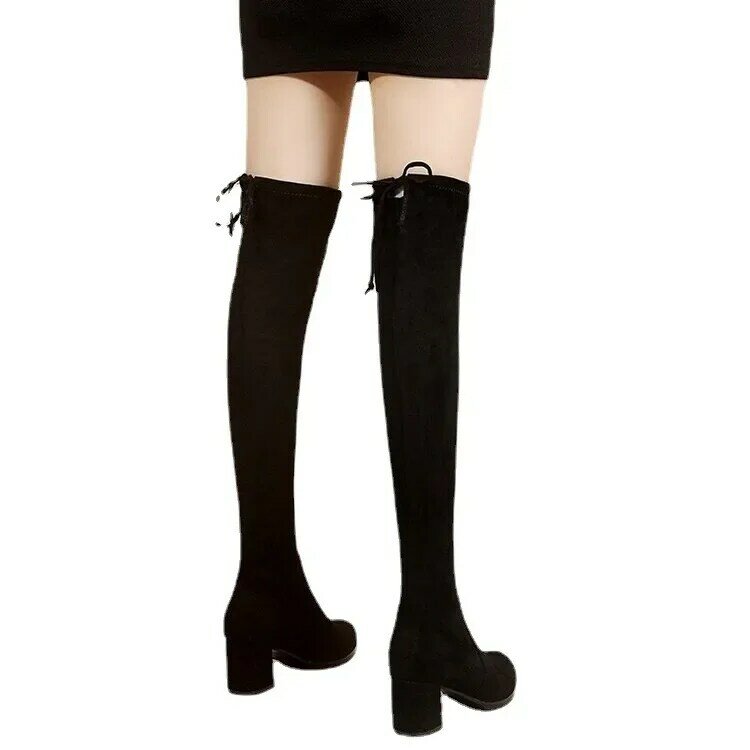 Botas altas de camurça falsa para mulheres, saltos femininos, zíper, elástico, altura do joelho, tubo, com cordões, preto, outono, 2022