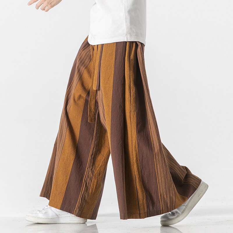 Брюки мужские полосатые с широкими штанинами, хлопково-льняные брюки с широкими штанинами, в китайском ретро стиле, повседневное бриджи, пальпальская одежда, джоггеры