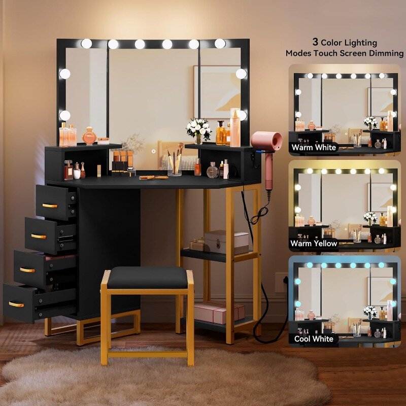 Coiffeuse de maquillage avec lumières, bureau avec prise de courant, 3 options d'éclairage pour documents, coiffeuse d'angle avec 4 rangements