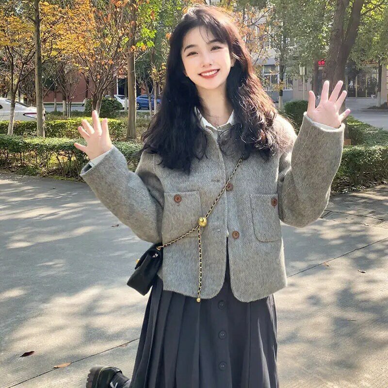 Korean Double-Sided Woolen Cloth Jackets Women Sweet Woolen Coat Temper Preppy Style Fashion Have Pockets