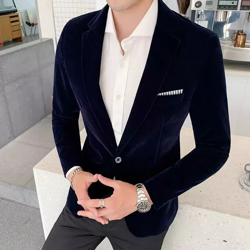 2023 Autumn Velvet Suit Jacket High Quality Long Sleeved Slim Fit Blazer Fashion Men Formal Business Club Dress Blazers Homme