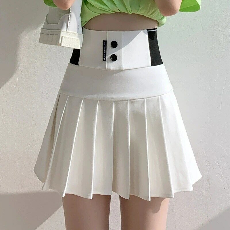 Minifalda de primavera y verano para mujer, Falda plisada con bordado de letras originales, cintura elástica, línea A, blanco y negro