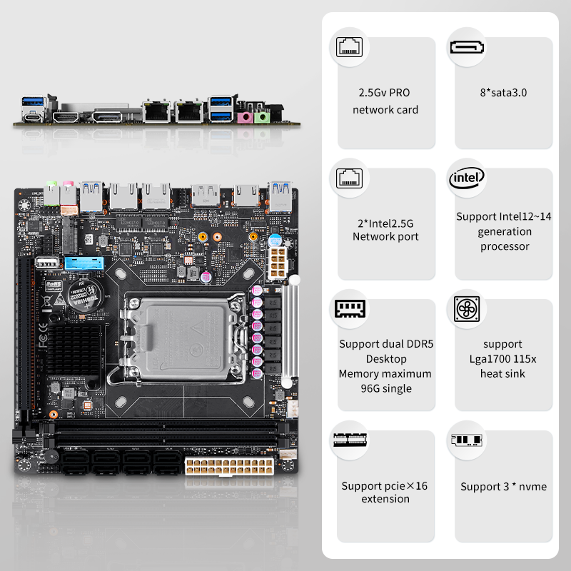 Carte mère NAS Q670 à 8 baies, adaptée aux processeurs de génération Intel 12/13/14, 3x M.2 NVMe, 8x SATA 3.0, 2x ports réseau Intel 2.5G