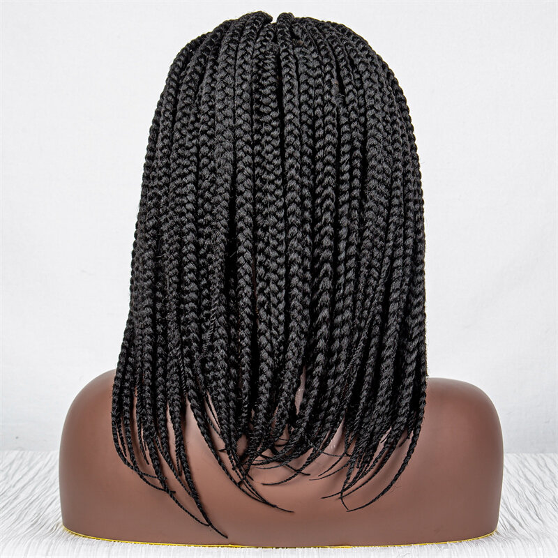 Perucas cheias de renda para mulheres negras, cabelo sintético curto, tranças box, cor preta, densidade de 180%, 12 polegadas