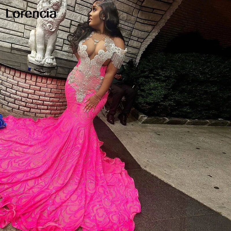 Lorencia Sparkly Hot Pink Prom Dress per ragazze nere argento perline strass paillettes sirena abito da Festa Vestidos De Festa YPD54