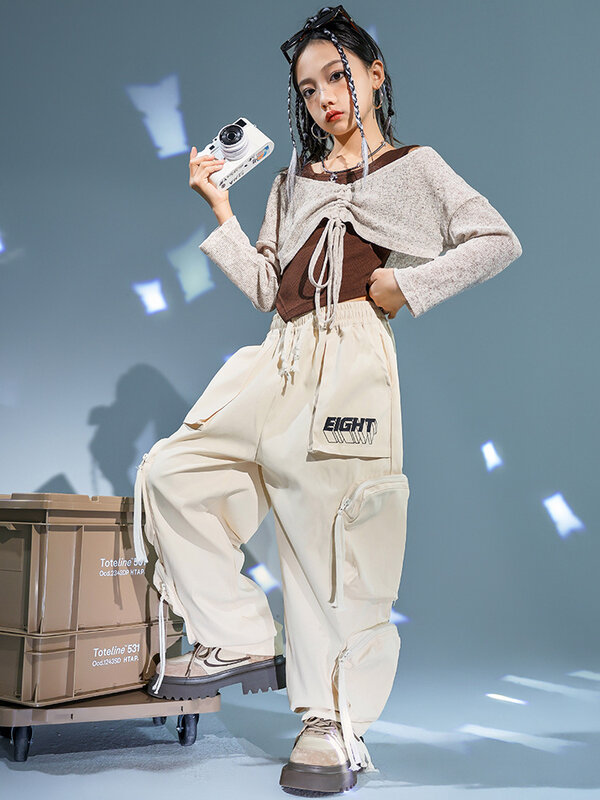 Укороченная Толстовка и штаны-карго в стиле хип-хоп для девочек, комплекты одежды, элегантная шаль для уличного танца, Детская уличная одежда, костюм джаза
