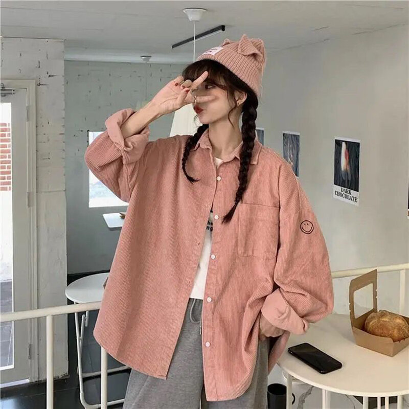 Korean Solid Corduroy Women Shirt Summer Preppy Style Pockets Ladies Blouse Fashion New Long Sleeve Button Female Tops